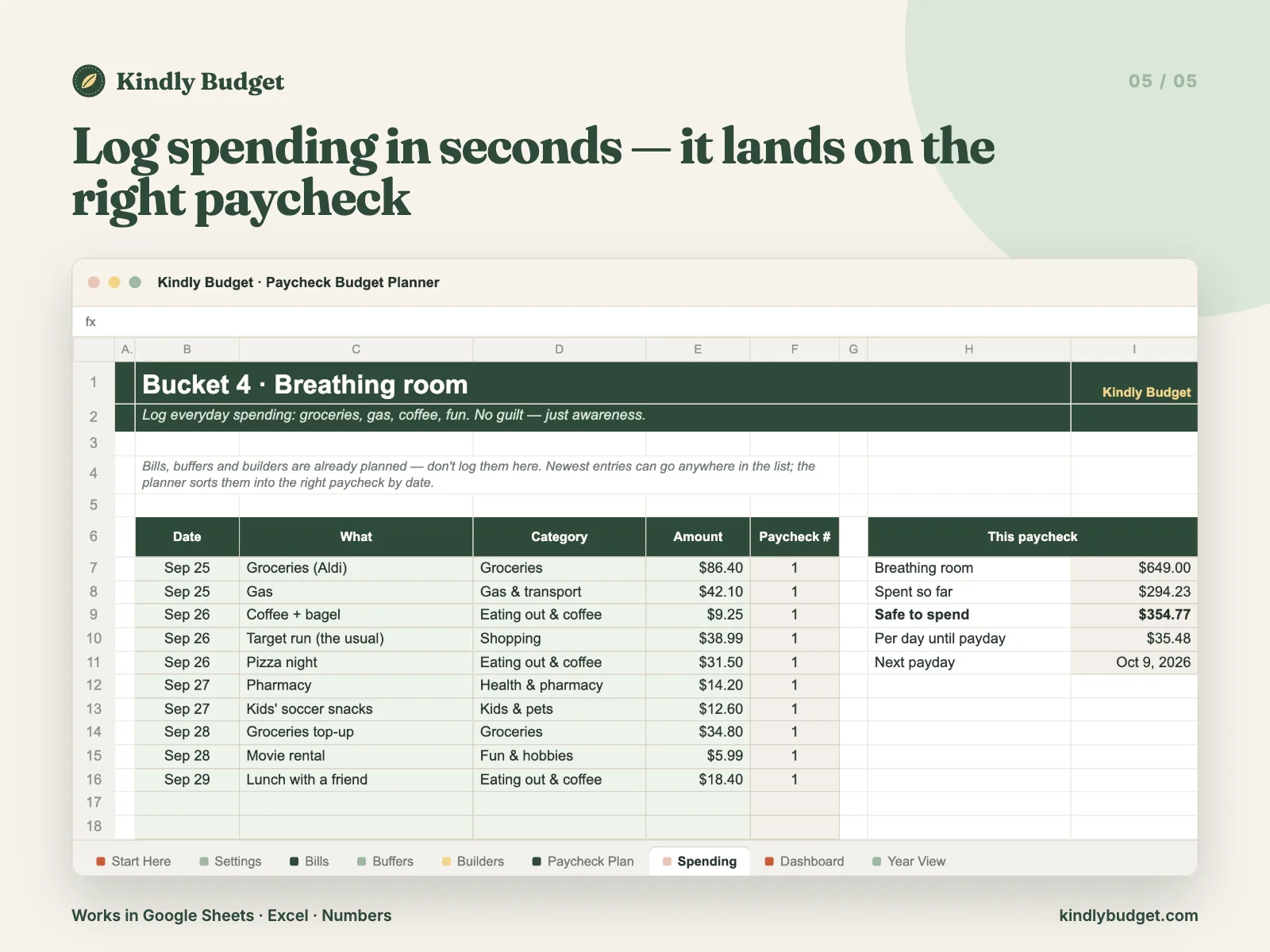 Log spending in seconds — it lands on the right paycheck