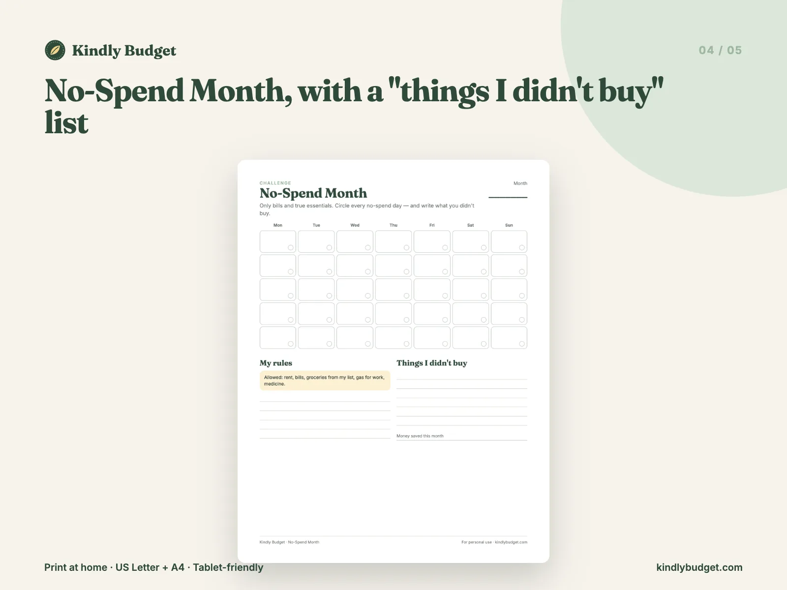 No-Spend Month, with a "things I didn't buy" list