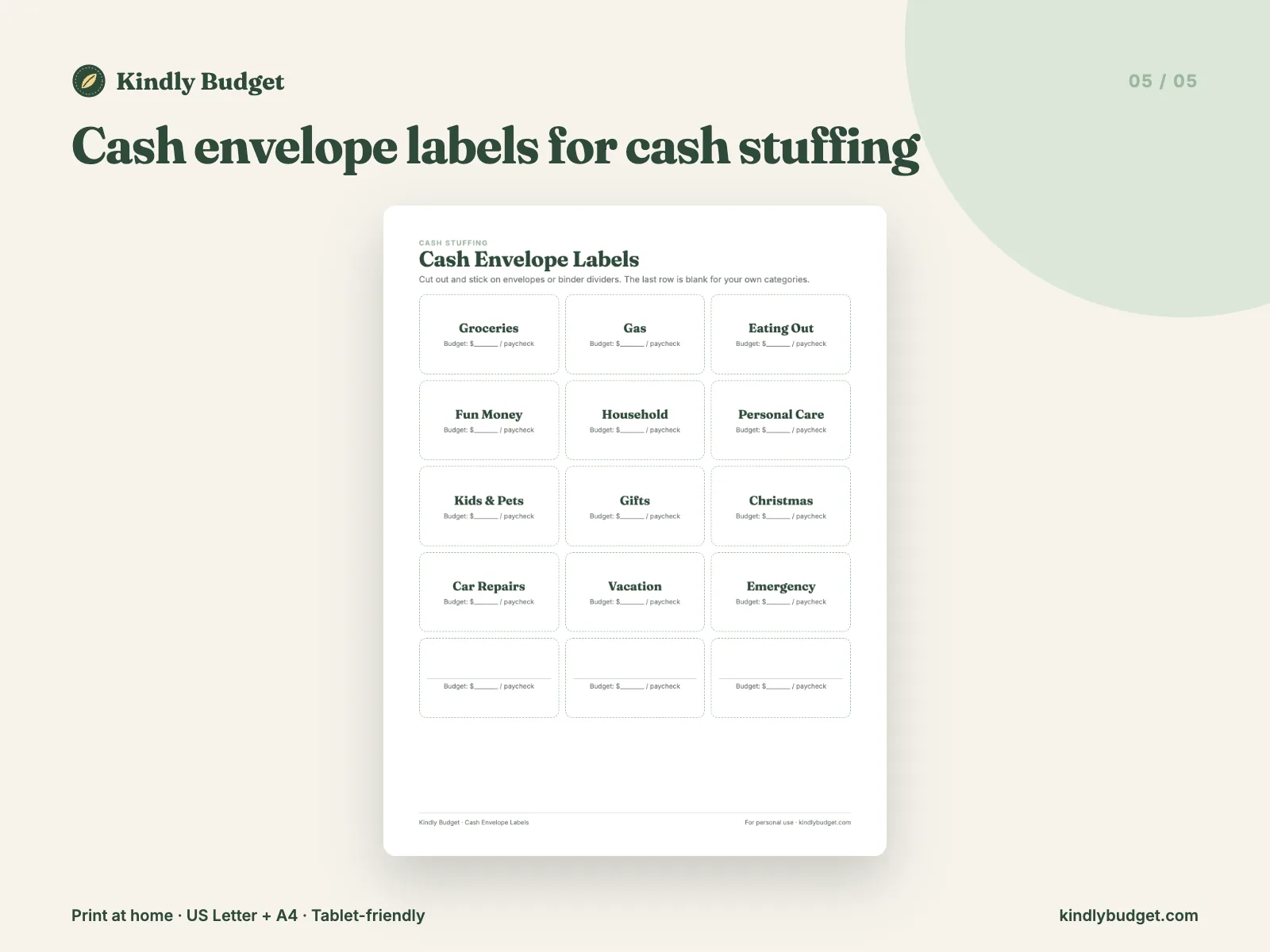 Cash envelope labels for cash stuffing