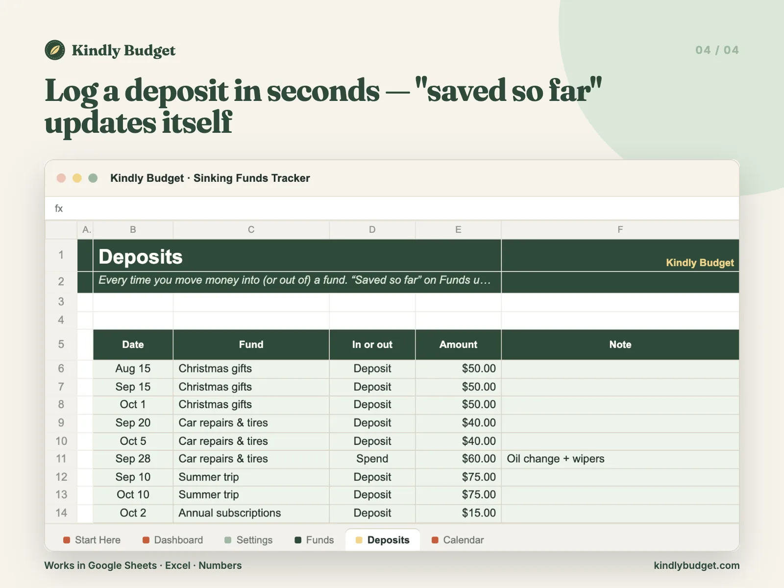 Log a deposit in seconds — "saved so far" updates itself